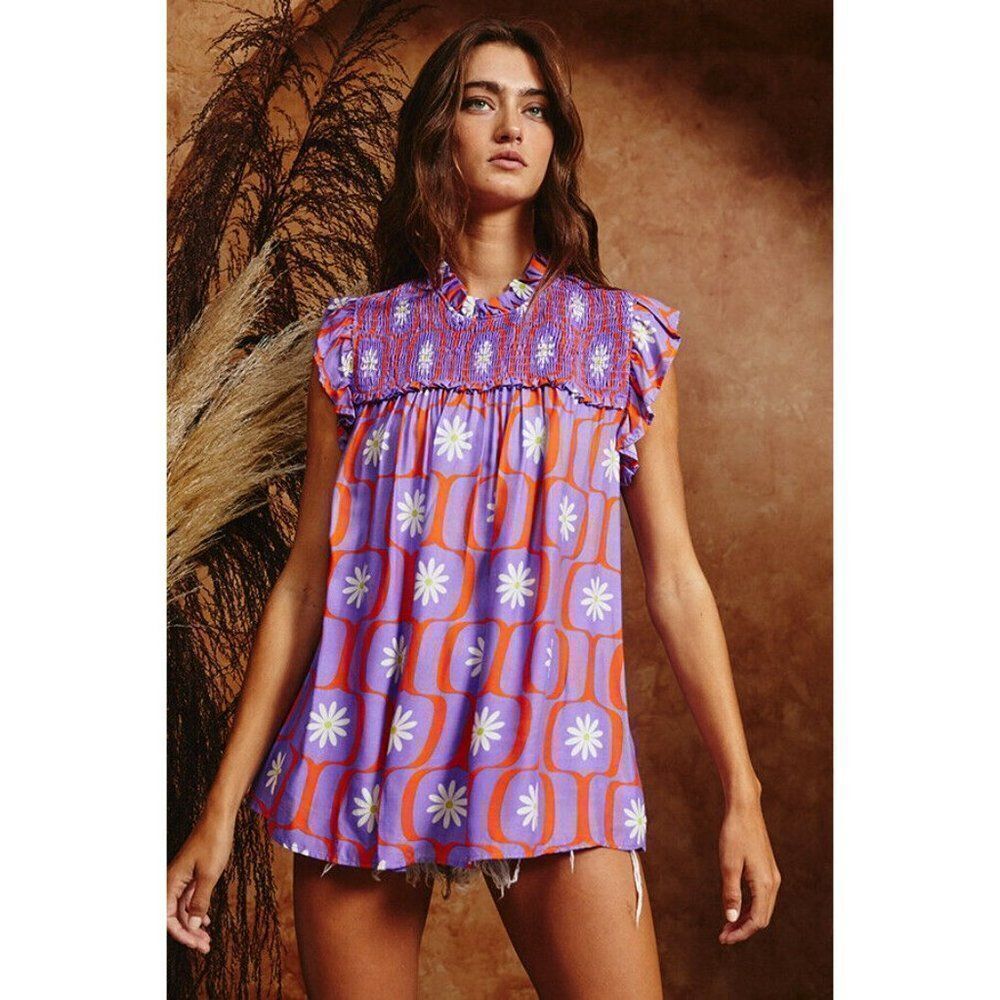 SALE! Bucketlist Retro Floral Geometric Print Top Smocked Detail S-L New T1421-1 - Picture 10 of 12